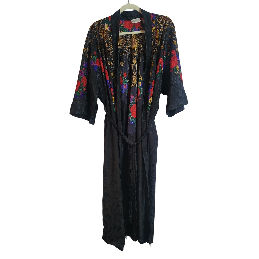 Vintage Cypress Floral Paisley Jacquard Satin Robe Black Red Gold USA Made M